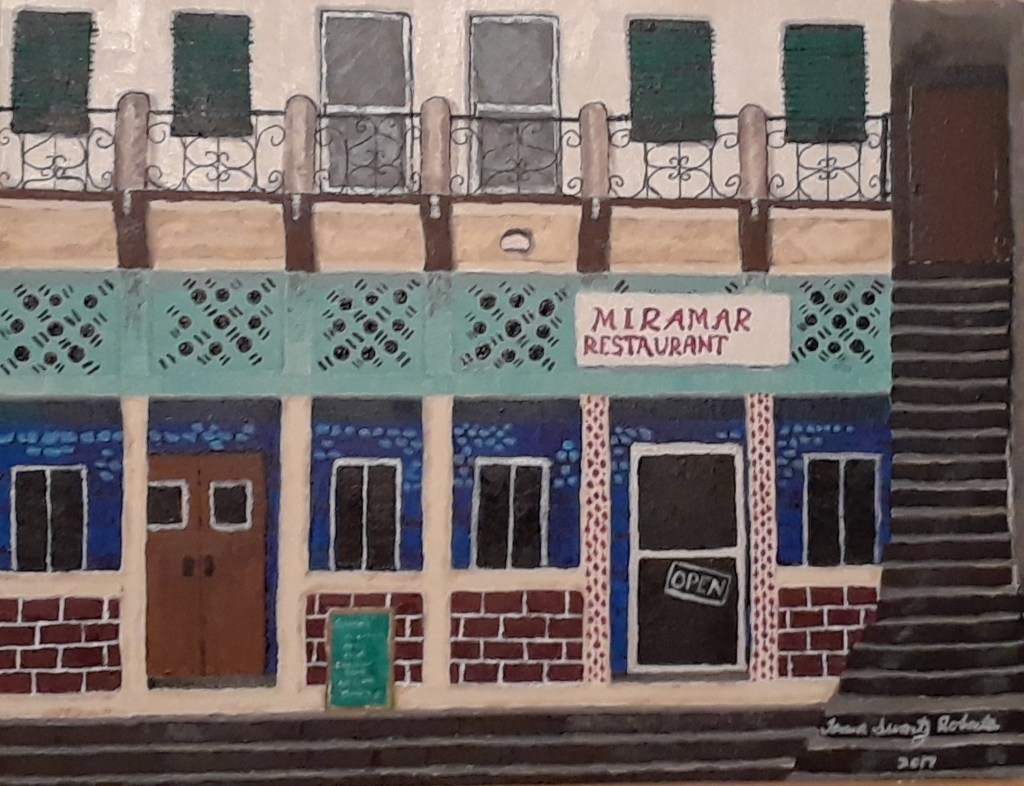 Amateur acrylic painting of the front of the Miramar Restaurant in Punta Gorda, Belize