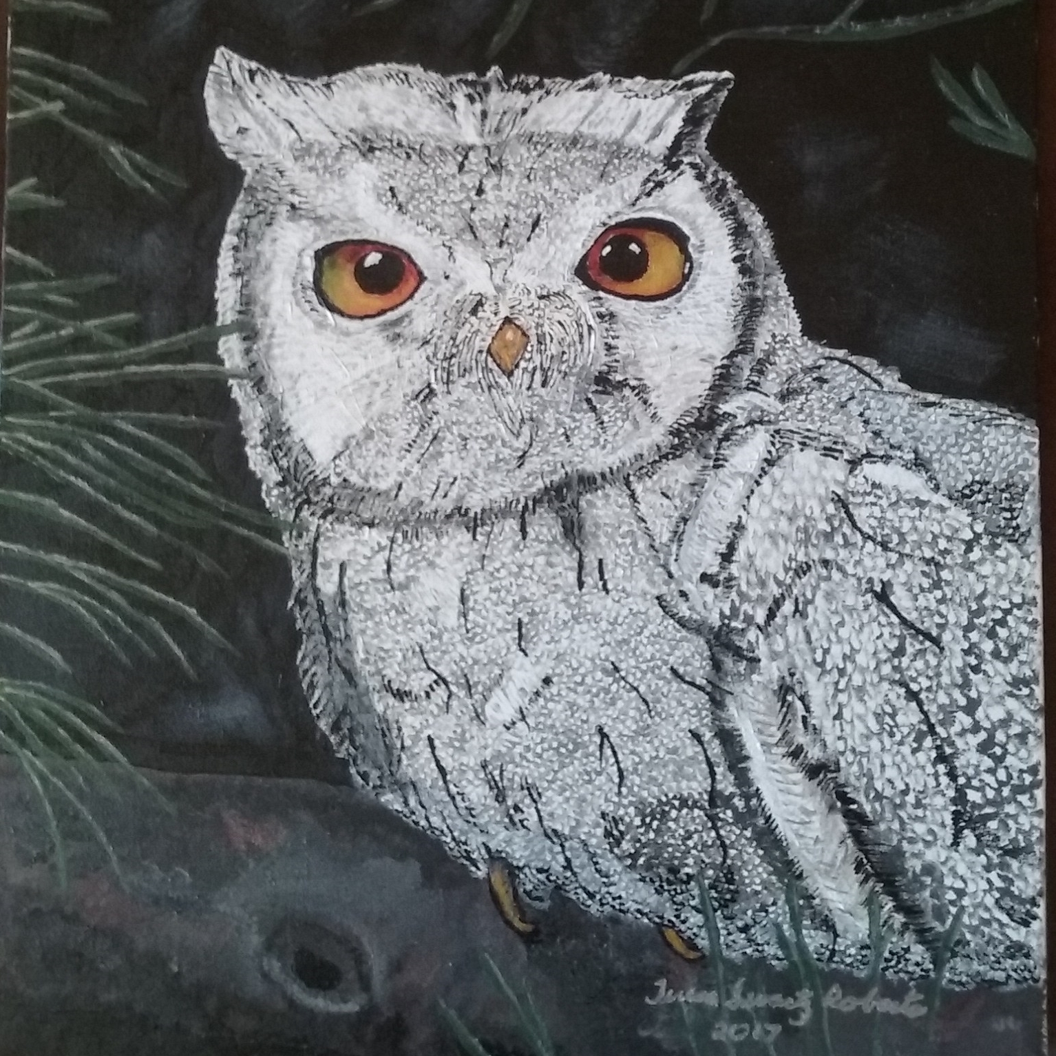 My painting of an owl resembles my wide-awake night eyes.